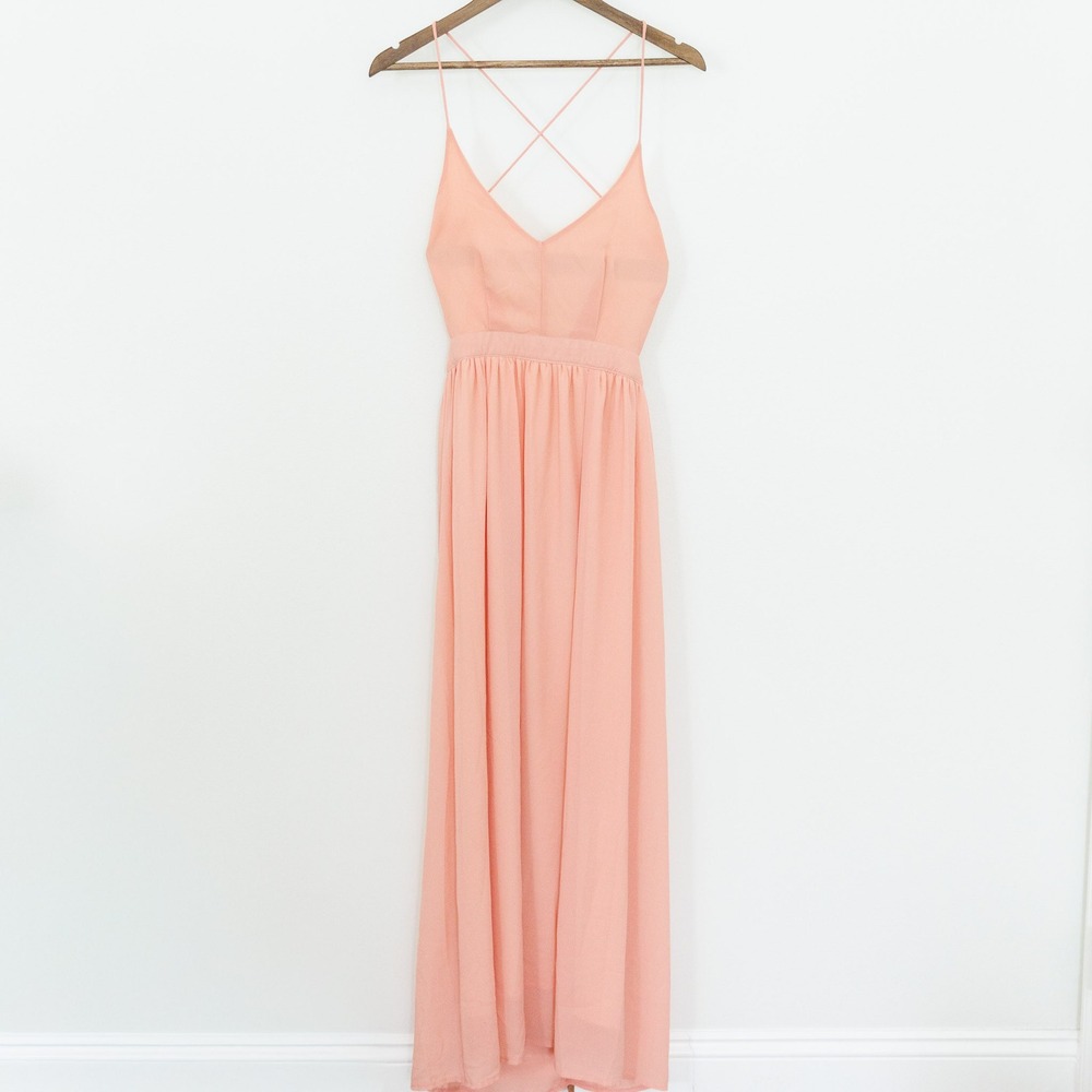 Baluoke Peach V-Neck Cross Back Maxi Dress Sleeveless Formal Gown Pink L